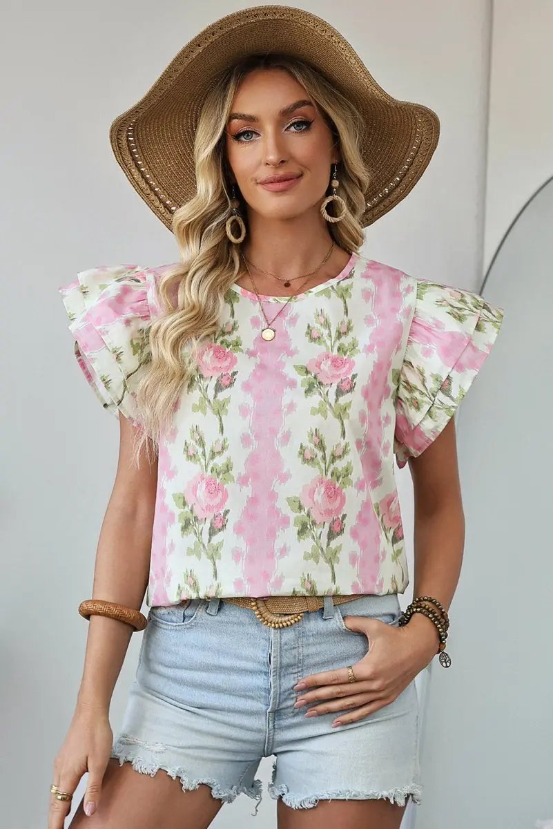 Pink Floral Print Ruffled Sleeve Summer Top for Women - Love Salve